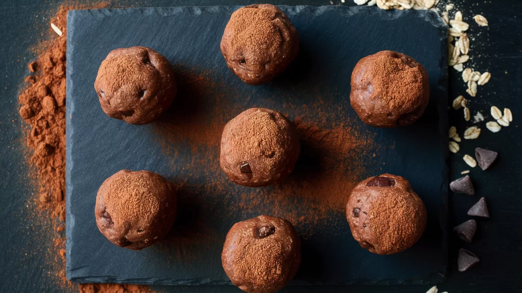 Top-down view of Brownie Protein Balls dusted with cocoa powder on a slate platter, surrounded by ingredients like oats, cocoa powder, and chocolate chips.