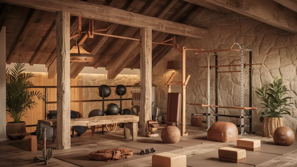 A rustic home gym with wooden beams, leather medicine balls, wooden yoga blocks, and a reclaimed wood bench, accented by stone walls, potted plants, and warm, soft lighting from a pendant fixture.