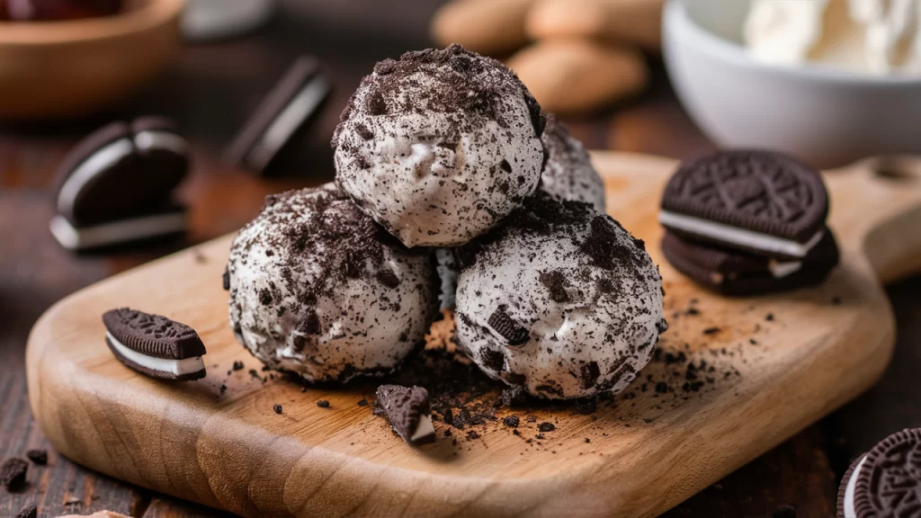 Close-up of Cream Cheese Oreo Protein Balls dusted with crushed Oreo crumbs on a wooden board, surrounded by ingredients like almond butter and whole Oreos in the background.