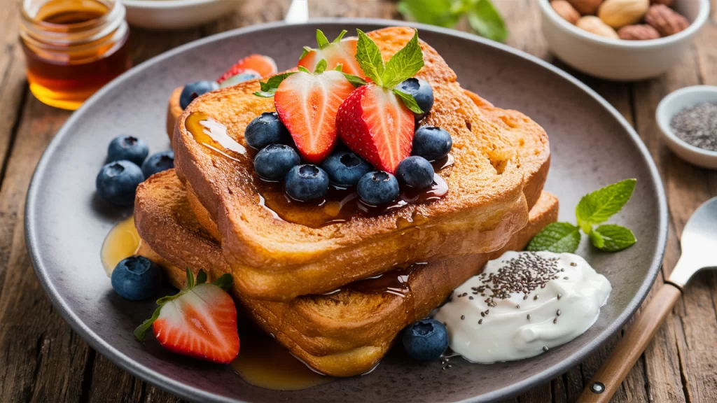 High-protein French toast topped with fresh berries, Greek yogurt, and a drizzle of maple syrup on a rustic wooden table.