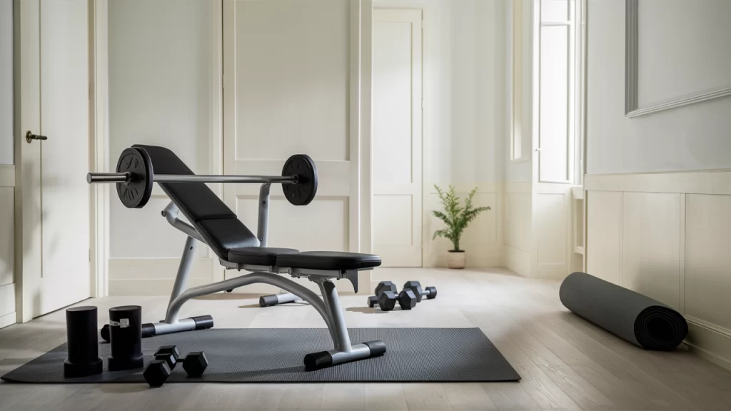 A minimalist home gym with a weight bench, dumbbells, and a yoga mat in a bright, uncluttered room with white walls and light wood floors, featuring a potted plant and natural light from a large window.