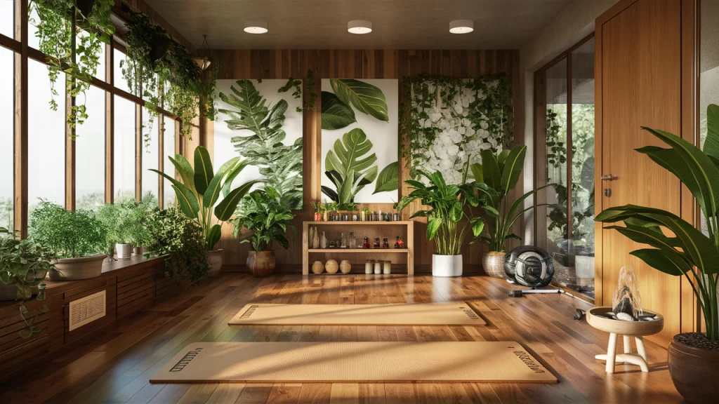 A small home gym featuring natural light, wooden flooring, bamboo yoga mat, green plants, botanical wall art, and a tabletop water fountain.