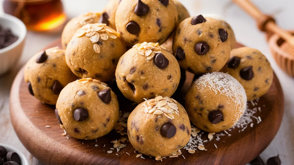 No-bake cookie dough protein balls on a wooden board, sprinkled with oats and shredded coconut, with ingredients like honey and chocolate chips in the background