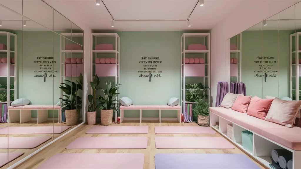 A pastel-themed home gym with a mint green accent wall, blush pink yoga mats, lavender resistance bands, and a white storage bench with pastel cushions. The space includes plants, mirrors, and is organized to create a serene and motivating workout environment.