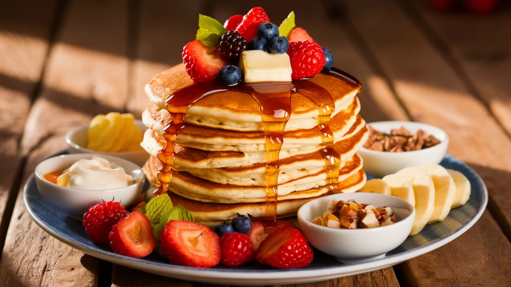 Fluffy protein pancakes stacked high with fresh berries, maple syrup, and a pat of butter, surrounded by small bowls of toppings like Greek yogurt and chopped nuts.