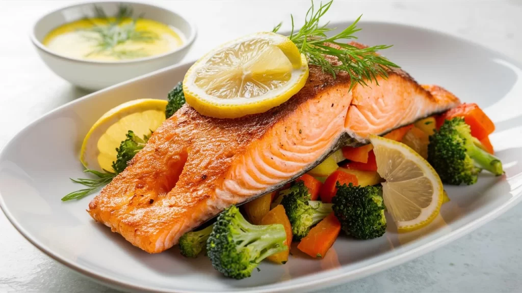 Crispy air fryer salmon fillet served with roasted vegetables and lemon dill sauce on a white plate.