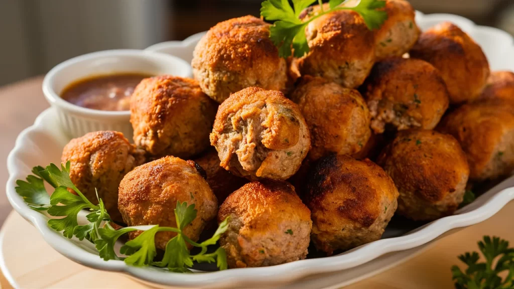 A plate of golden-brown air fryer turkey meatballs on a white dish, garnished with fresh parsley. The meatballs have a crispy exterior and a tender, juicy interior.