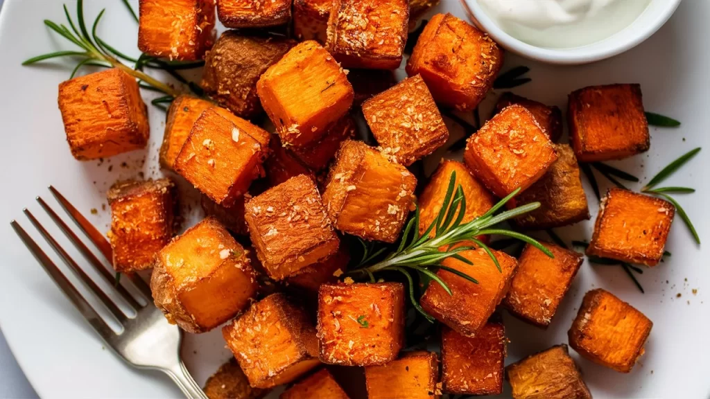 Golden-brown air fryer sweet potato cubes on a white plate, garnished with fresh herbs and a side of dipping sauce, ready to serve.