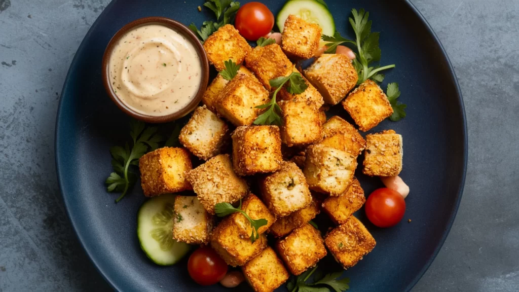 Crispy air fryer tofu bites on a plate with dipping sauce and fresh vegetables. A perfect vegan snack or appetizer.