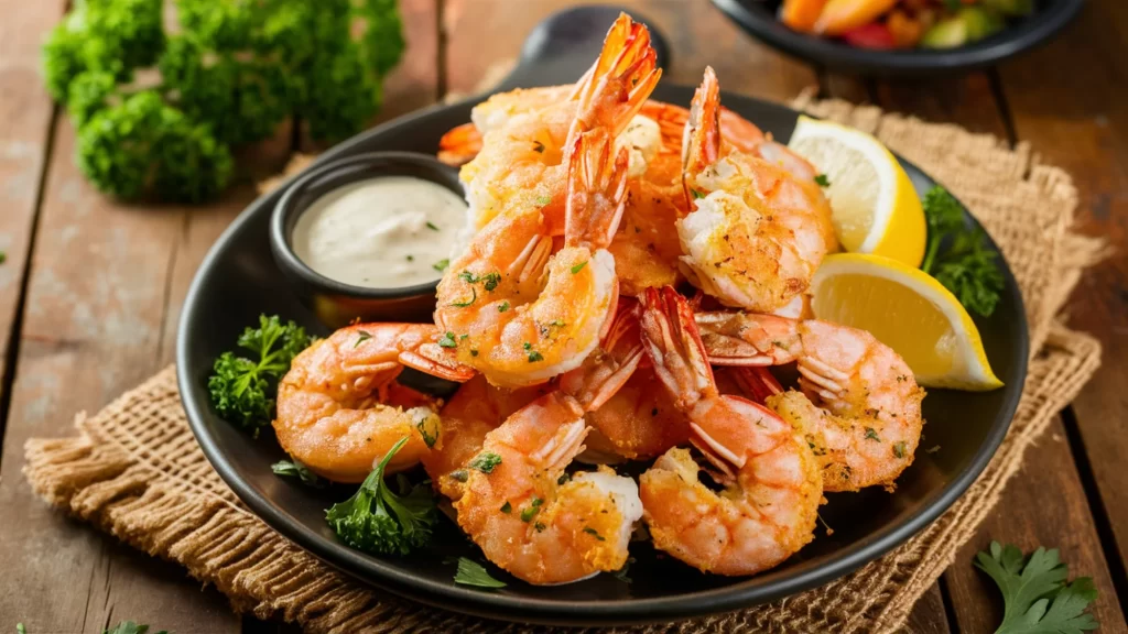 Air fryer shrimp served on a plate with fresh parsley and lemon wedges, accompanied by a side of roasted vegetables.