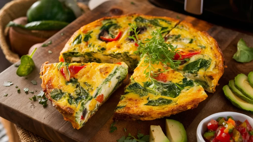 Air Fryer Veggie Frittata filled with spinach, bell peppers, and mushrooms, served on a wooden board with avocado slices and salsa.