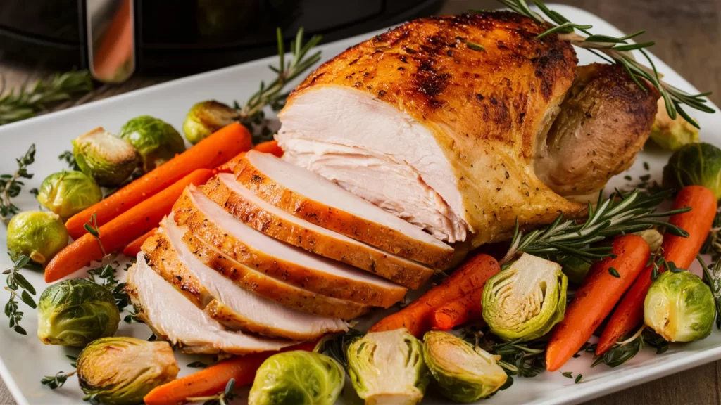 Golden-brown air fryer turkey breast sliced and garnished with fresh herbs, served with roasted vegetables on a white platter.