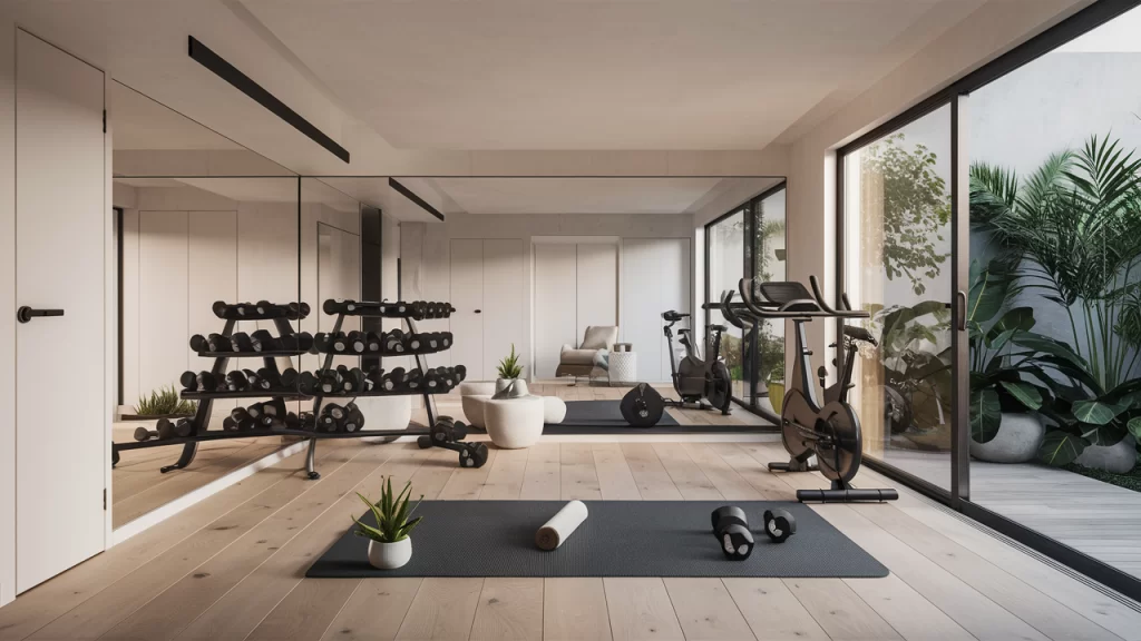 Minimalist home gym with light wood floors, black fitness equipment, indoor plants, and natural light from a large window.