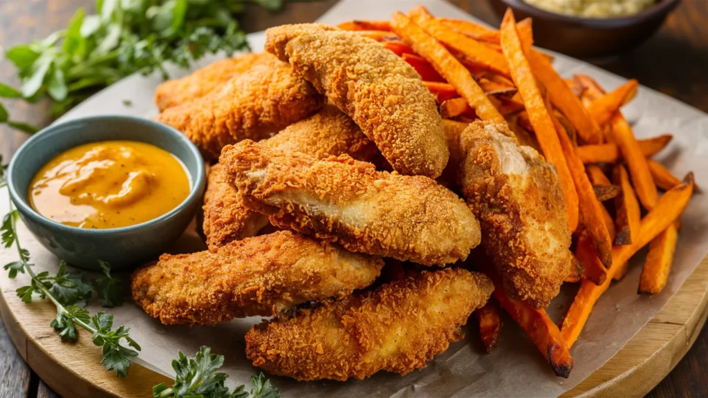 Crispy air fryer chicken tenders served with sweet potato fries and honey mustard dipping sauce on a wooden table.