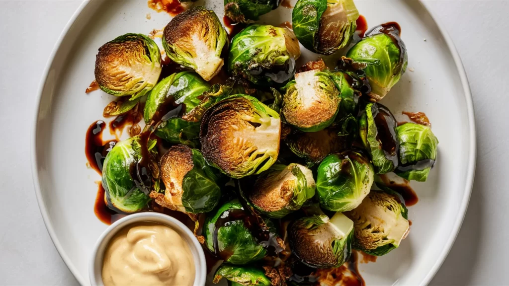 Golden brown and crispy Brussels sprouts on a white plate, air-fried to perfection, seasoned with salt and pepper, and drizzled with balsamic glaze.