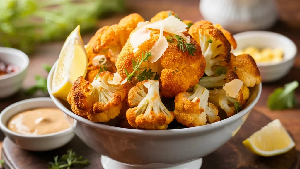 Crispy golden air fryer cauliflower florets in a bowl garnished with Parmesan and herbs, served with lemon wedge and dipping sauce.