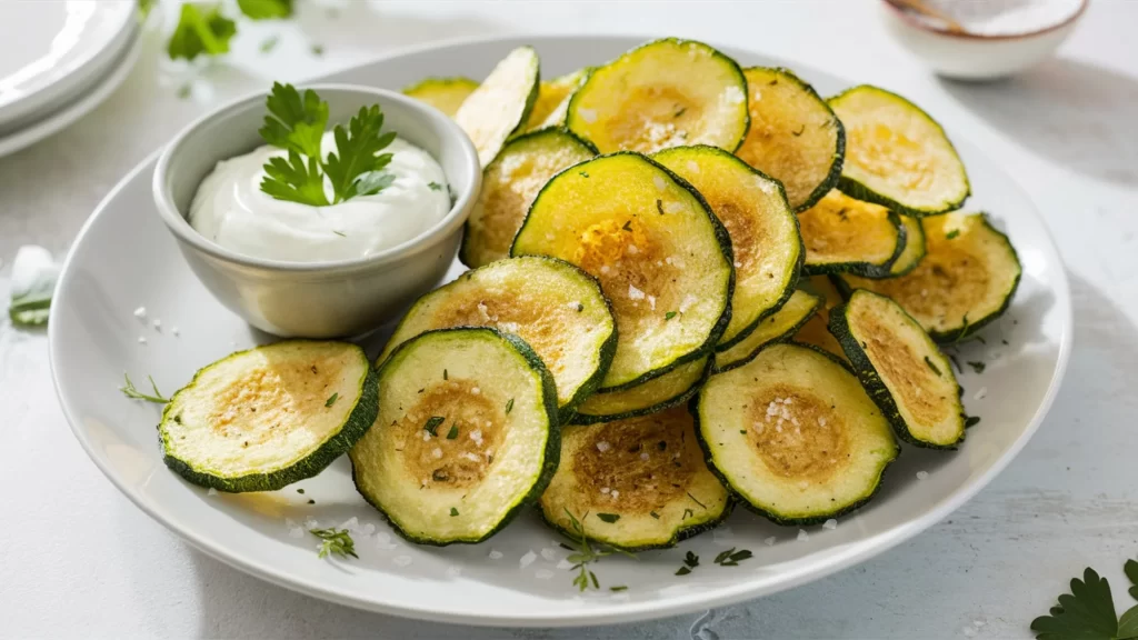 Golden, crispy air fryer zucchini chips served on a white plate with a side of yogurt dip.