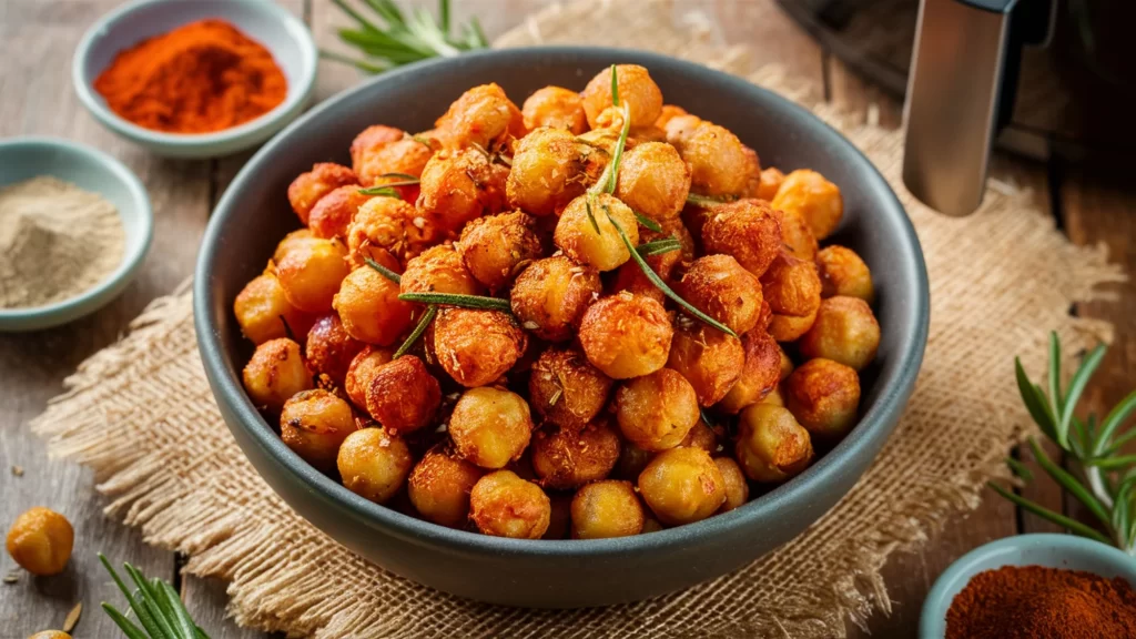 Bowl of crispy air fryer roasted chickpeas seasoned with paprika and garlic, surrounded by spices and an air fryer in the background.