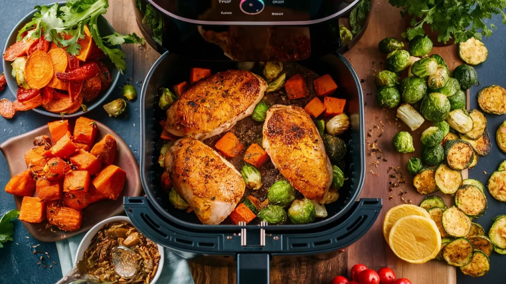 A countertop with an air fryer surrounded by healthy air-fried dishes, including chicken breasts, sweet potato cubes, Brussels sprouts, and zucchini chips, showcasing easy and nutritious meal options.