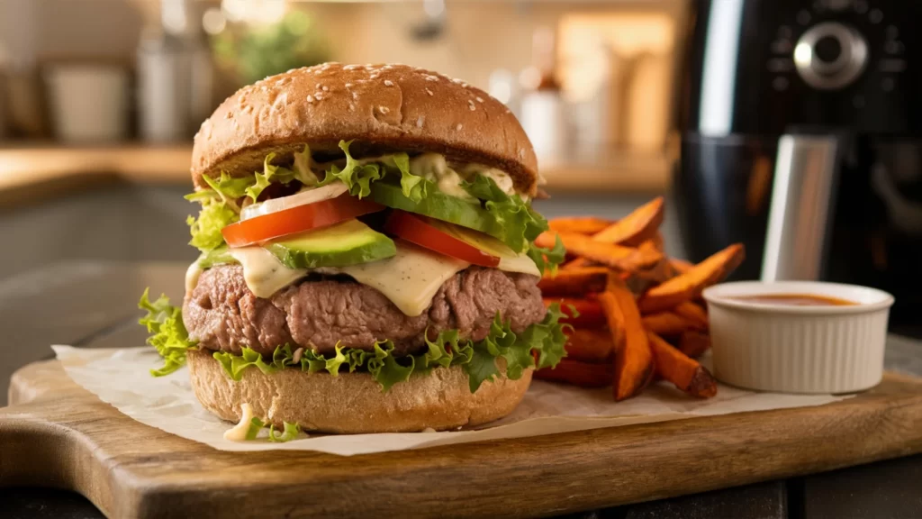 Juicy air fryer turkey burger topped with lettuce, tomato, and avocado, served with sweet potato fries on a wooden board.