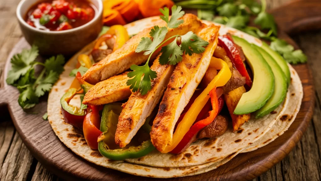 A colorful plate of air fryer chicken fajitas with bell peppers, onions, and tortillas, garnished with cilantro and served with avocado and salsa.