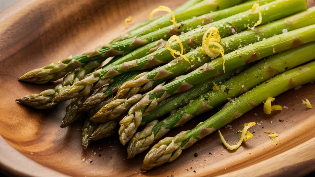 Roasted asparagus seasoned with garlic and olive oil, arranged on a festive platter with lemon zest and rosemary sprigs, perfect for Thanksgiving.