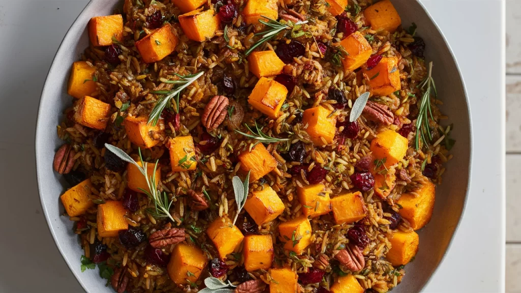 A colorful dish of Butternut Squash and Wild Rice Pilaf with fresh herbs, dried cranberries, and pecans, served as a Thanksgiving side on a rustic table.