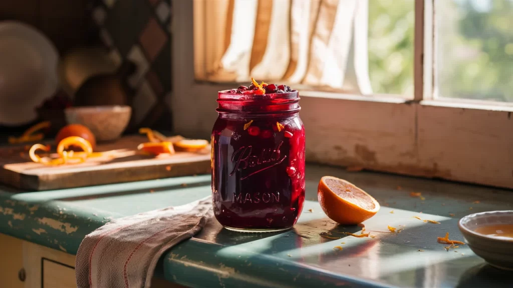 A bowl of homemade cranberry-orange relish with fresh cranberries, orange zest, and honey on a rustic wooden table, surrounded by holiday-themed decor.