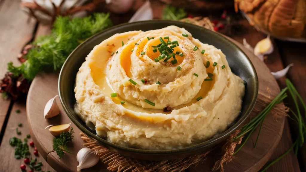 A bowl of creamy cauliflower mashed potatoes garnished with chives and Parmesan, set on a wooden table surrounded by fresh herbs and garlic cloves.