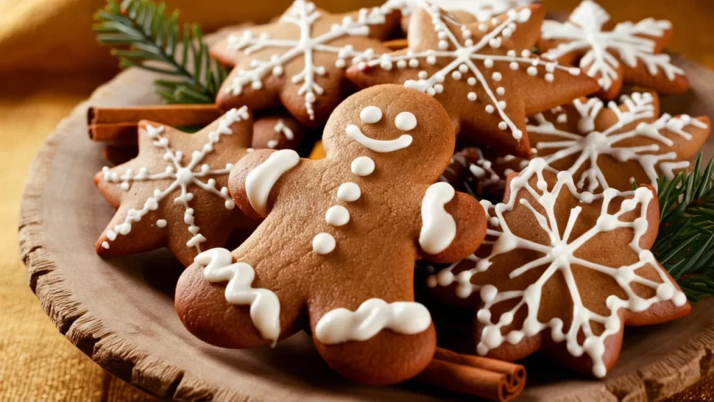 A delectable close-up of gingerbread cookies adorned with festive flair. Each cookie, shaped as a gingerbread man, star, or snowflake, boasts intricate white icing detailing and a sparkling dusting of colorful sprinkles.