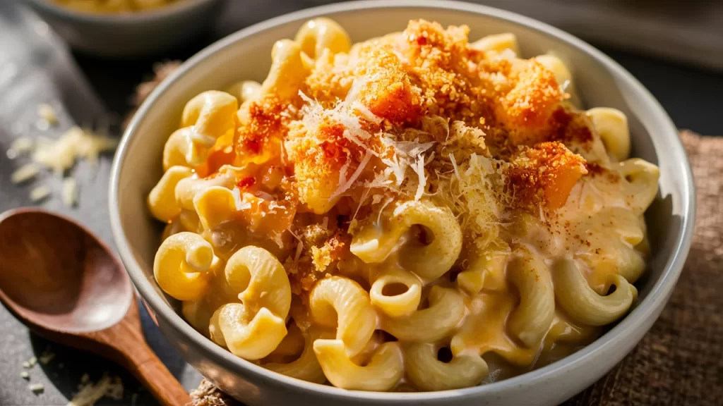 A mouthwatering, close-up photograph of a beautifully presented bowl of Greek Yogurt Mac & Cheese, taking center stage.