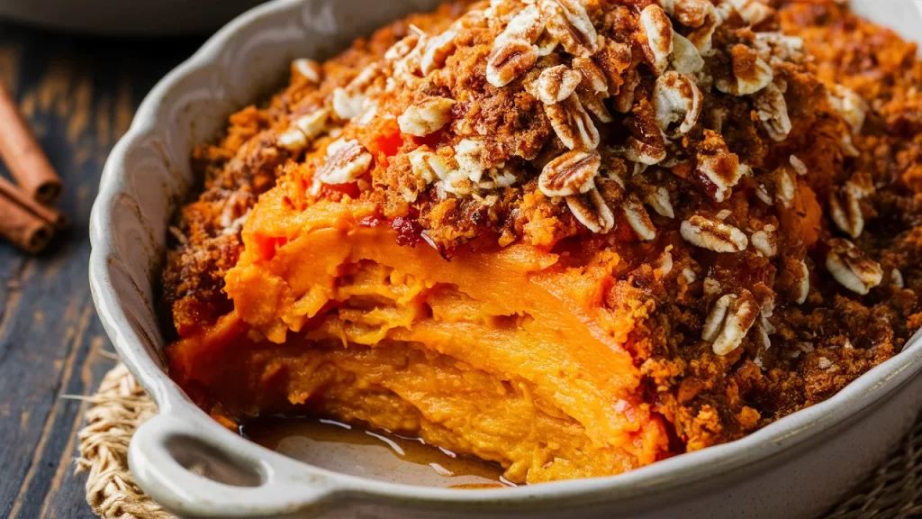 A healthy sweet potato casserole topped with a crunchy pecan-oat crumble, served in a ceramic dish, perfect for Thanksgiving.