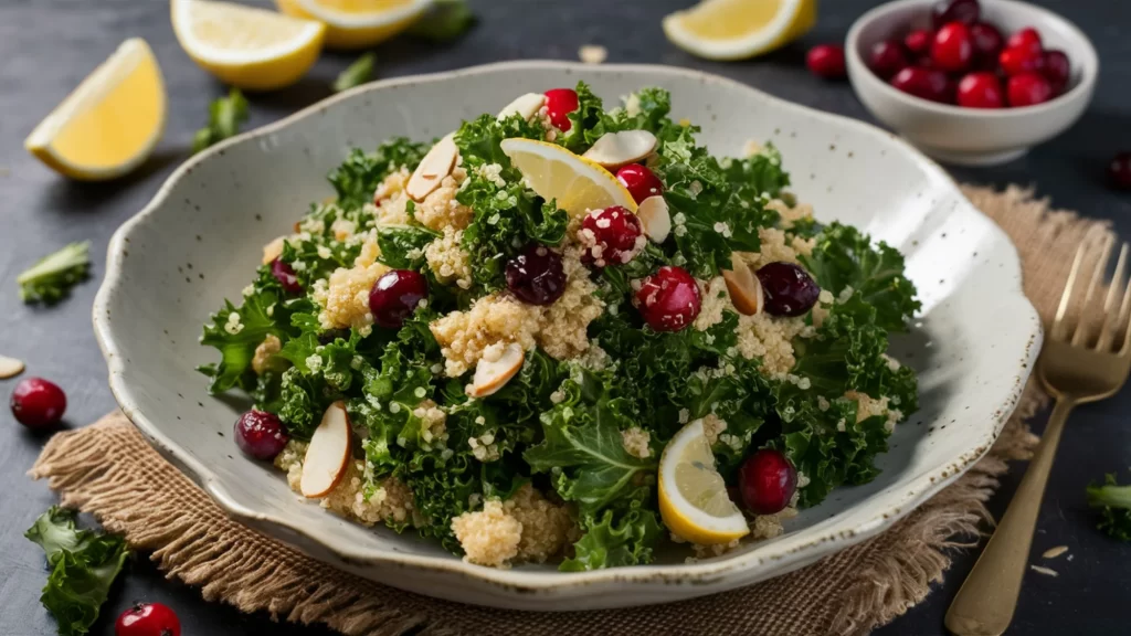 A rustic, white ceramic bowl filled with a vibrant quinoa, cranberry, and kale salad sits on a wooden surface. The salad showcases emerald green kale, fluffy golden quinoa, ruby red cranberries, and toasted almond slices, lightly coated in lemon dressing.