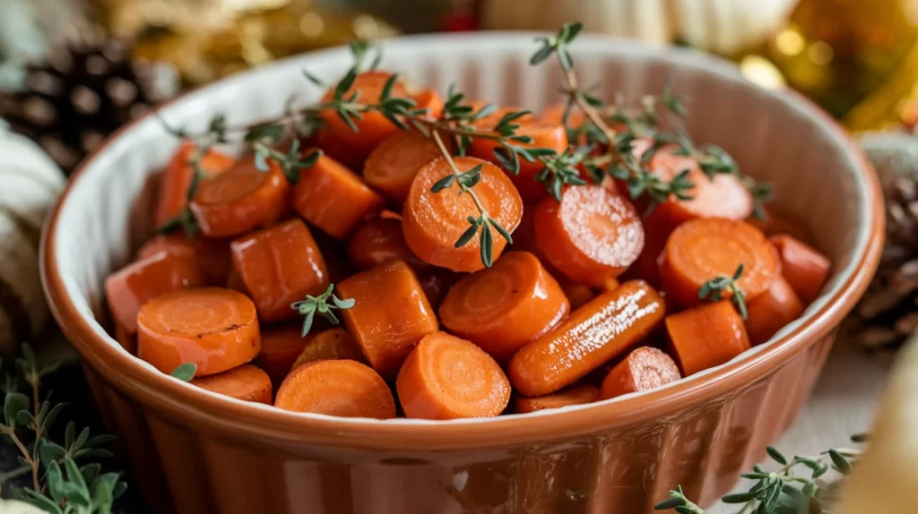 Honey-thyme roasted baby carrots garnished with fresh thyme on a rustic serving