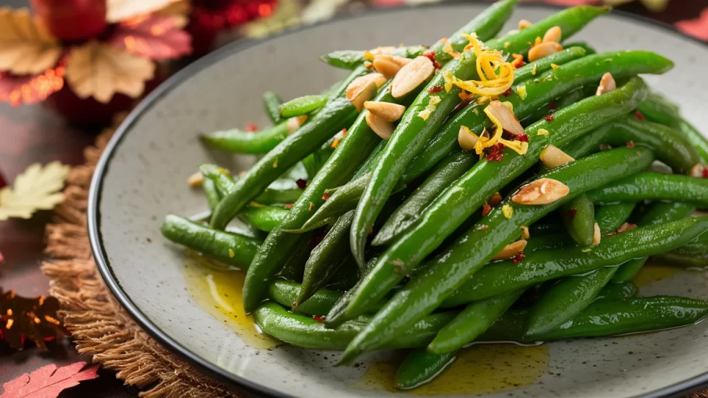 Plate of sautéed green beans with toasted almonds and lemon zest, served as a healthy Thanksgiving side dish.