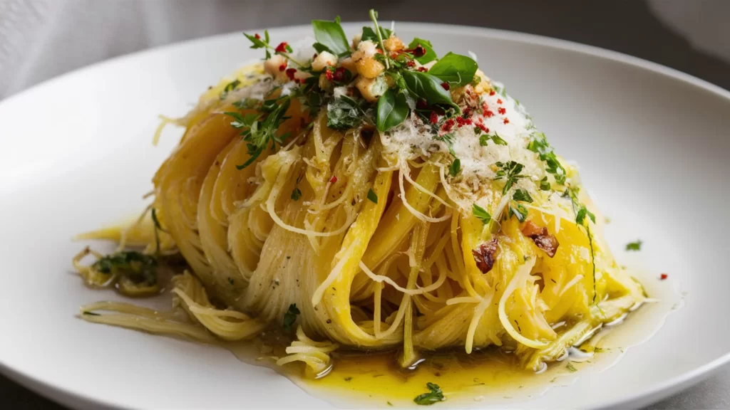 Roasted spaghetti squash with garlic, olive oil, and fresh herbs, garnished with Parmesan and chili flakes