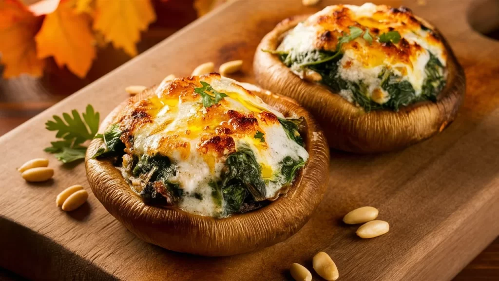 A rustic wooden cutting board holds two golden-brown portobello mushrooms stuffed with bubbling feta cheese, spinach, and Parmesan. The mushrooms are drizzled with olive oil and garnished with fresh parsley, with pine nuts scattered around for added texture.