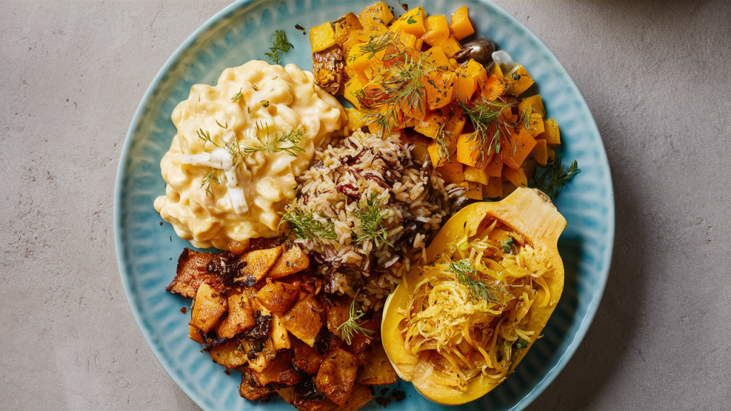 A photo of a Thanksgiving plate with a lighter take on indulgent comfort food.