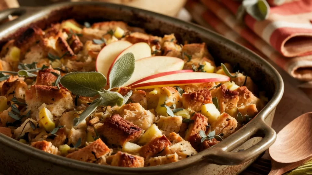 Whole-wheat apple sage stuffing in a baking dish, garnished with fresh sage and apple slices, with a warm Thanksgiving table setting.