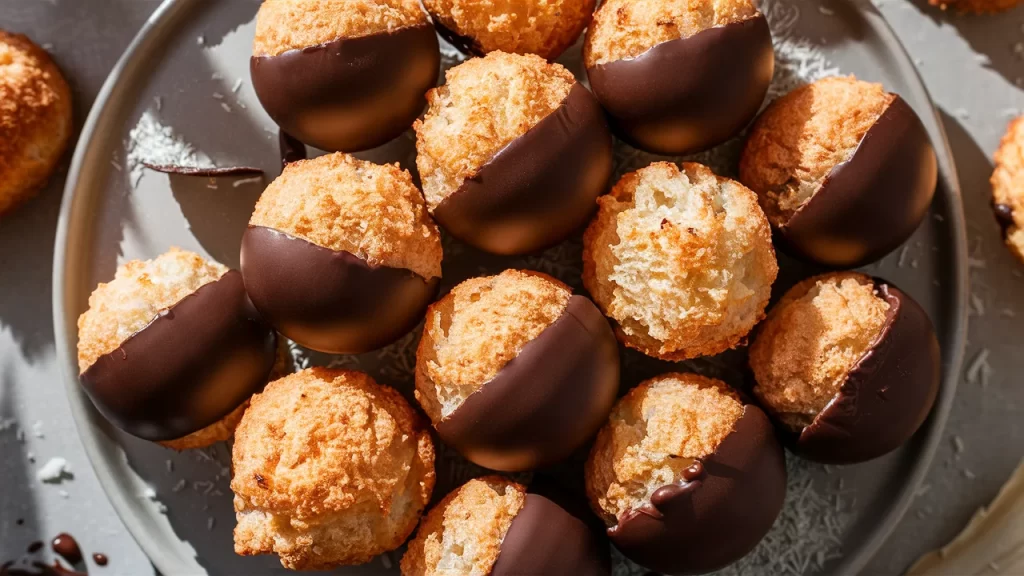 A mouthwatering close-up of freshly made coconut macaroons, each dipped halfway in glossy dark chocolate.