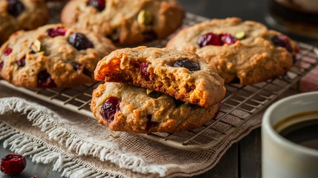 A tantalizing close-up photograph of freshly baked oatmeal cranberry pistachio cookies on a wire rack.