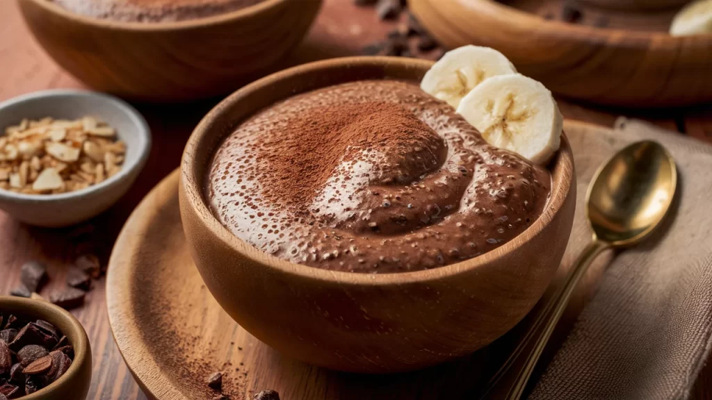 A mouthwatering, dessert featuring protein pudding with chia seeds and cocoa powder. A wooden bowl is filled with thick, chocolate-flavored pudding,