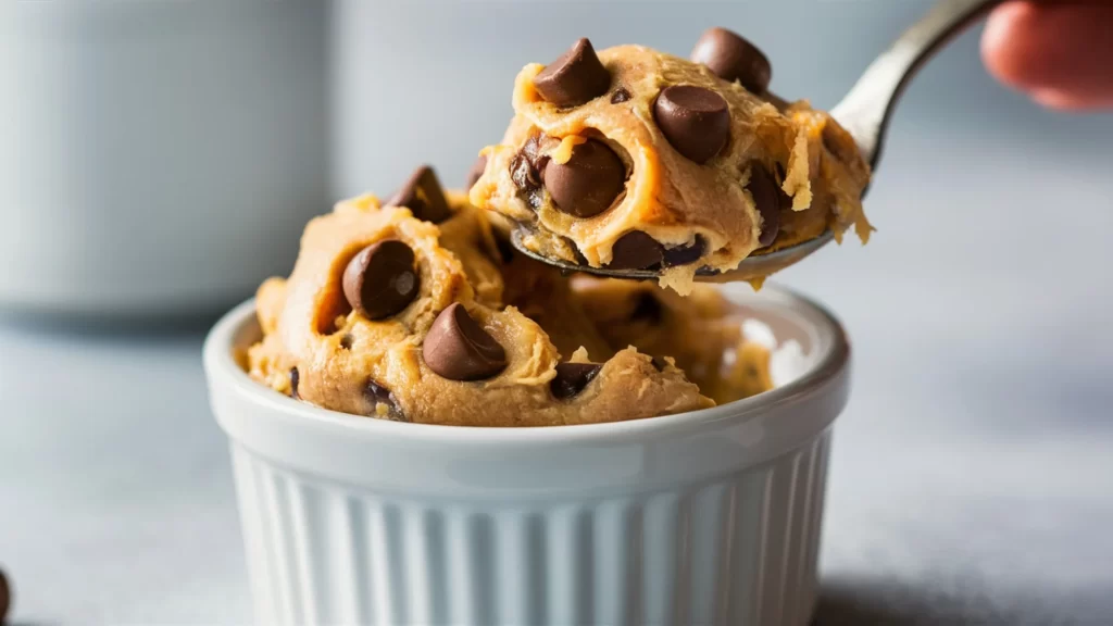 A tantalizing close-up photograph of a small, pristine white ceramic ramekin containing irresistible protein cookie dough.