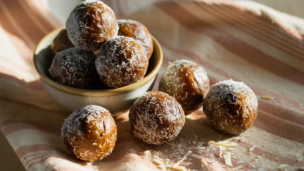 A captivating photograph of a small bowl filled with round Date Protein Balls, artfully arranged on a warm, striped cloth.