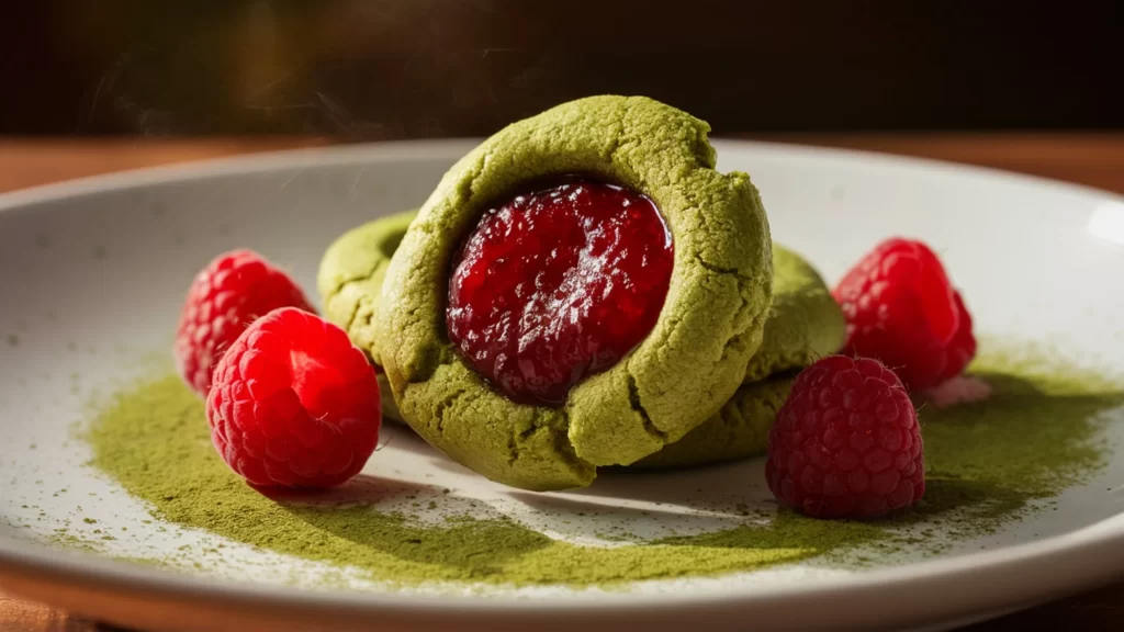 A scrumptious close-up photograph of a Matcha Thumbprint Cookie, delicately placed on a pristine white plate.