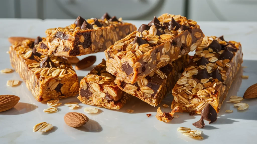 A delectable photograph of protein bars meticulously arranged on a pristine kitchen counter.