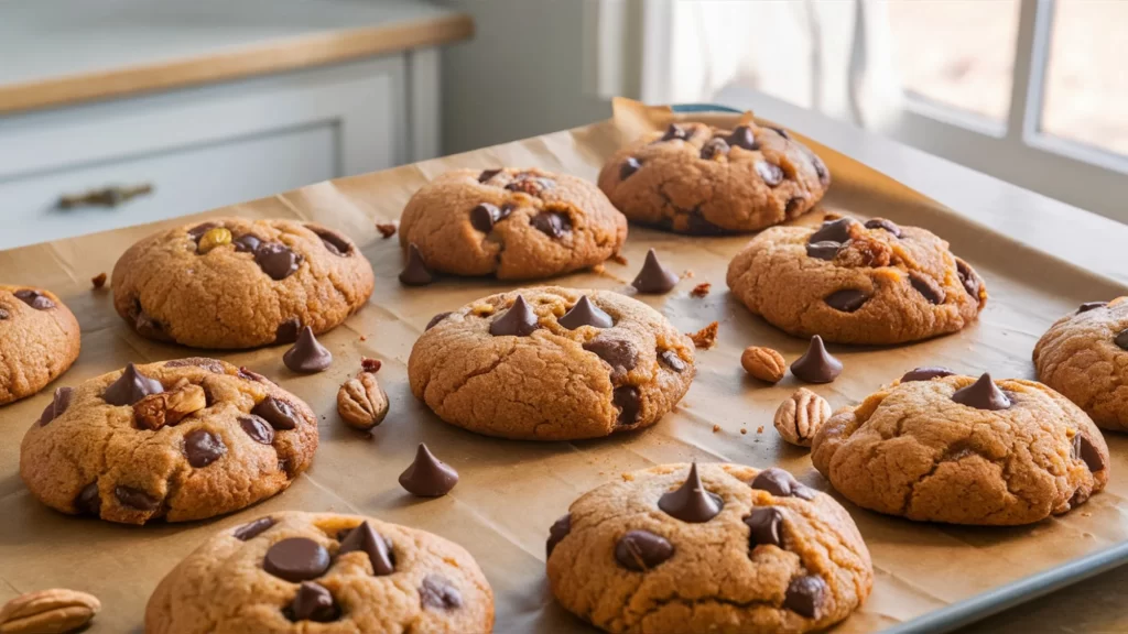 An overhead shot of freshly baked protein cookies, golden brown with dark chocolate chips and assorted nuts, artfully arranged on a parchment-lined baking sheet.