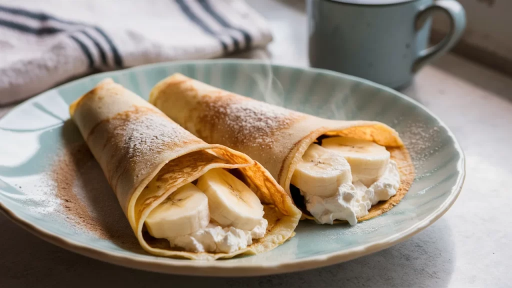 A homemade breakfast scene featuring two protein crepes, carefully rolled and filled with succulent sliced bananas and a generous dollop of creamy cottage cheese.