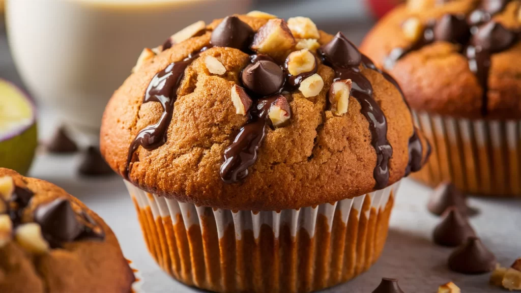 A close-up of a protein muffin, featuring its golden-brown, perfectly risen exterior. Studded with melted dark chocolate chips and chopped nuts,