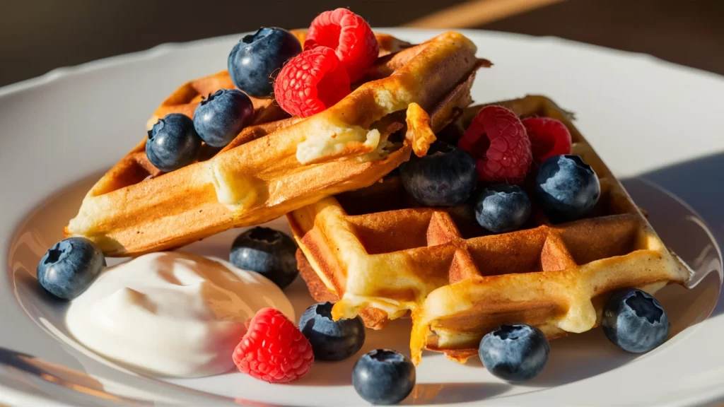 A mouth-watering photo of golden brown protein waffles, beautifully arranged on a pristine white plate.